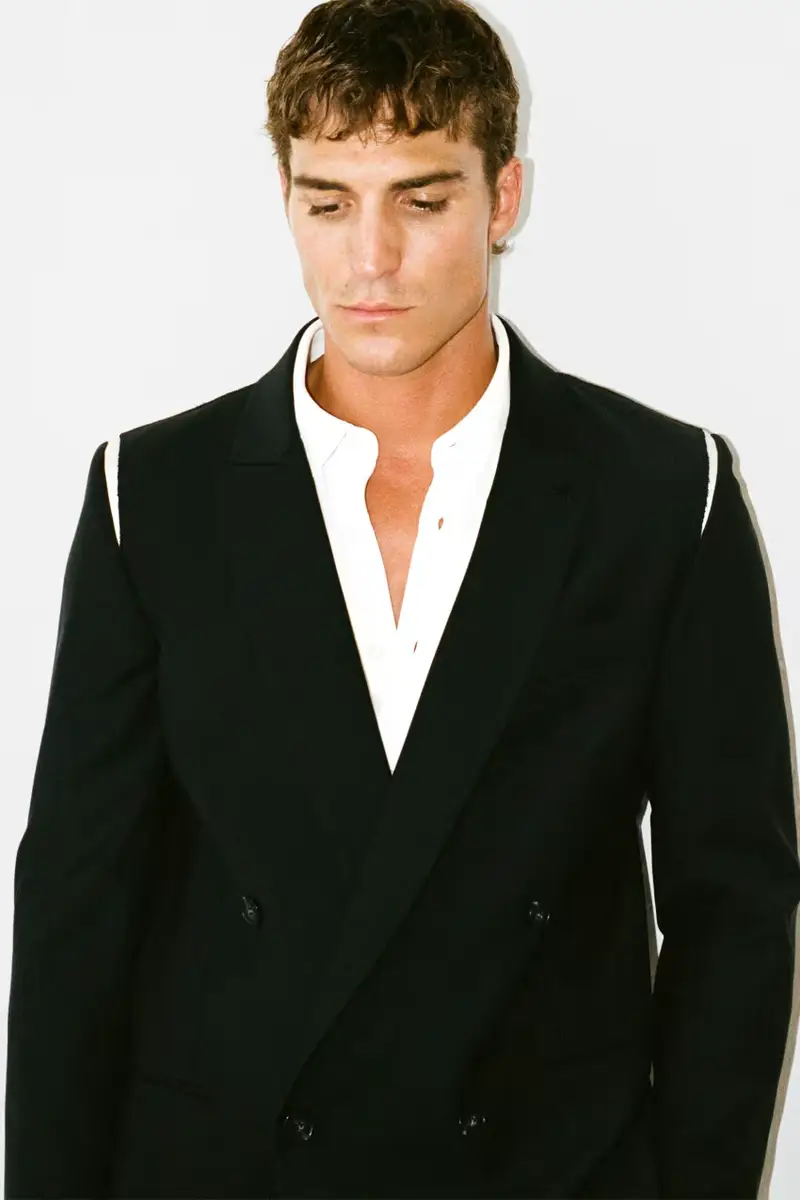 Blazer doppiopetto in frescolana con dettagli in raso Nero