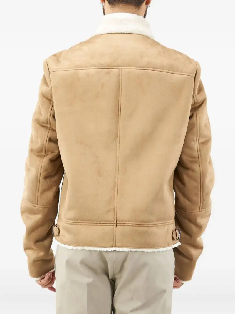 Bomber in Pelle Sintetica con Zip e Tasche Beige miniatura 2