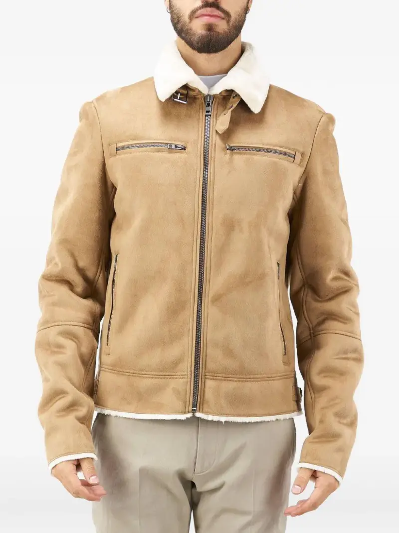 Bomber in Pelle Sintetica con Zip e Tasche Beige