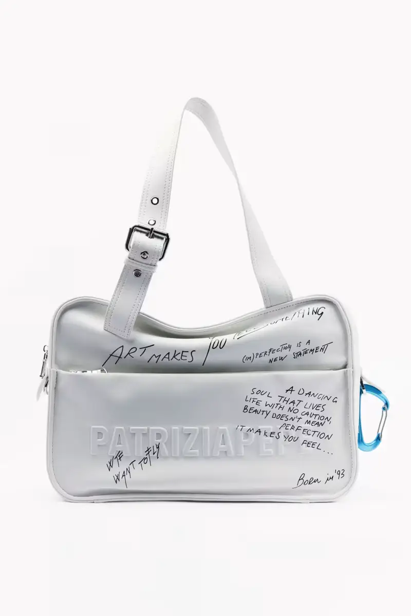 Borsa shopping (IM)PERFECTION in pelle con stampa calligrafica Bianco