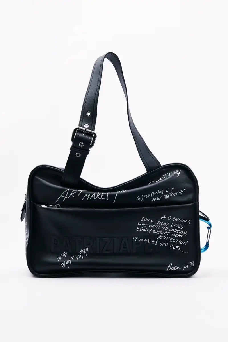 Borsa shopping (IM)PERFECTION in pelle con stampa calligrafica Nero