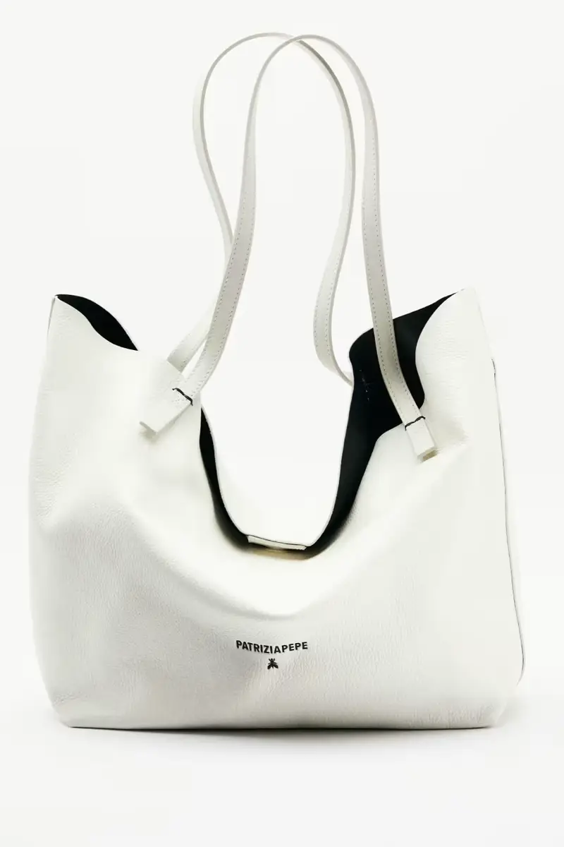 Borsa shopping Never Complete in pelle martellata Bianco