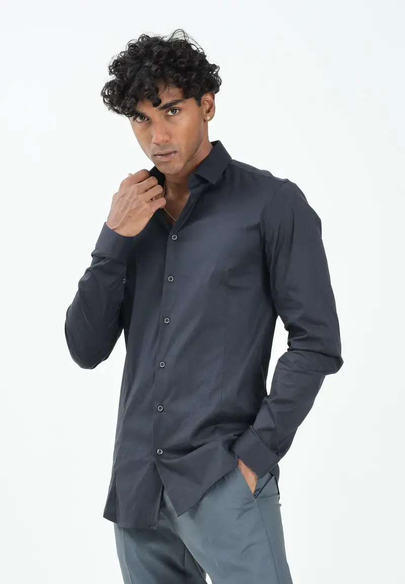 Camicia a manica lunga blu da uomo miniatura 2