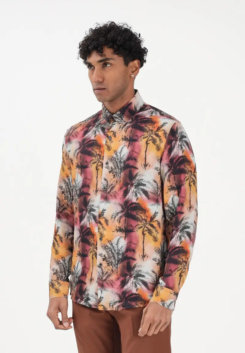 Camicia a manica lunga multicolore da uomo con stampa tropicale