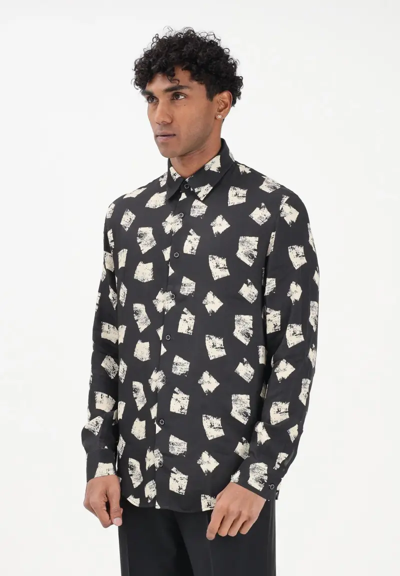 Camicia a manica lunga nera da uomo con stampa grafica