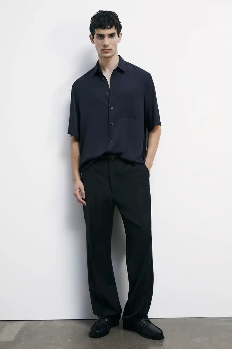 Camicia manica corta in twill di viscosa Blu