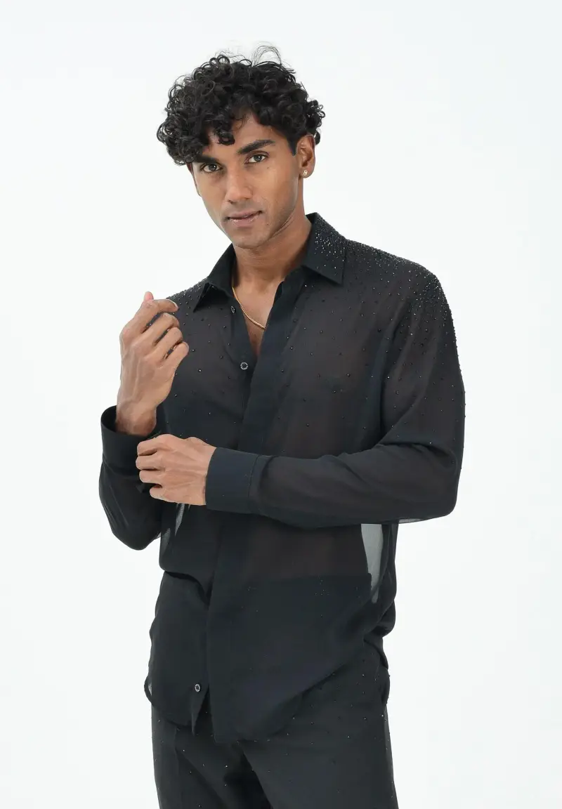 Camicia nera da uomo arrichita da strass miniatura 2