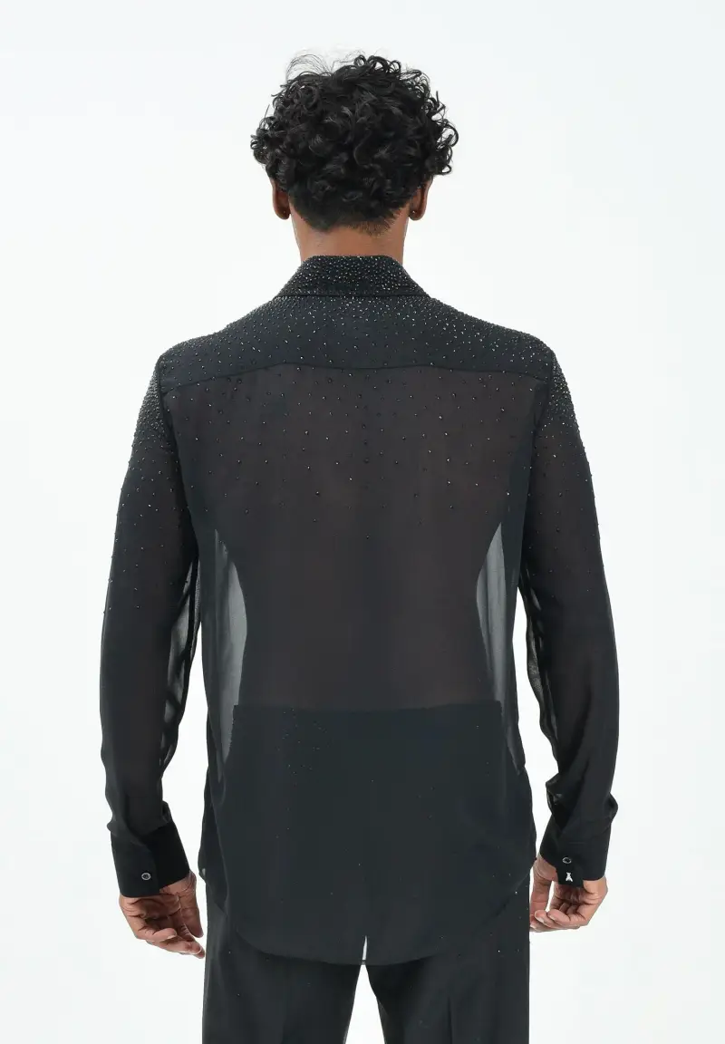 Camicia nera da uomo arrichita da strass miniatura 3