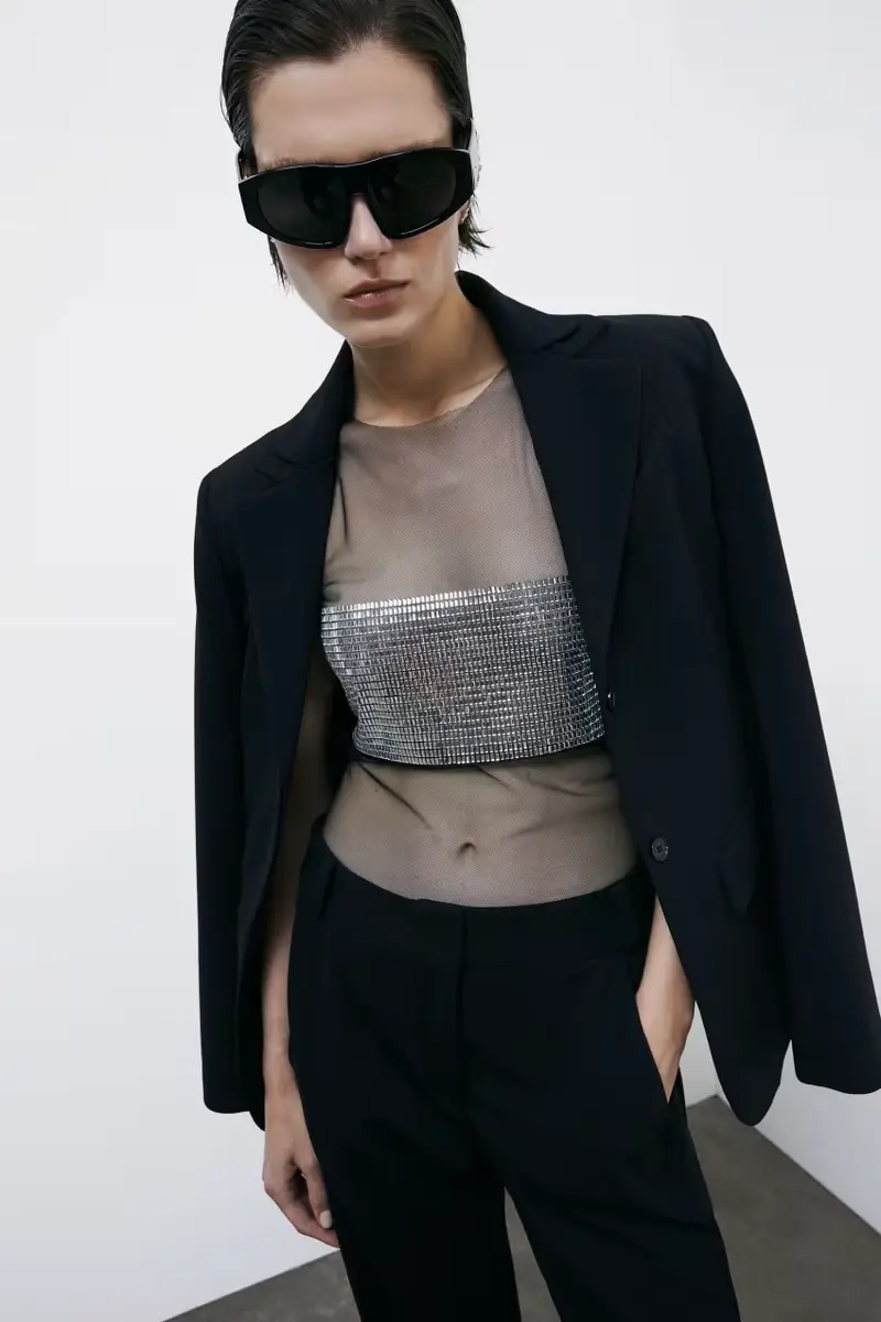 Canotta trasparente con strass Nero