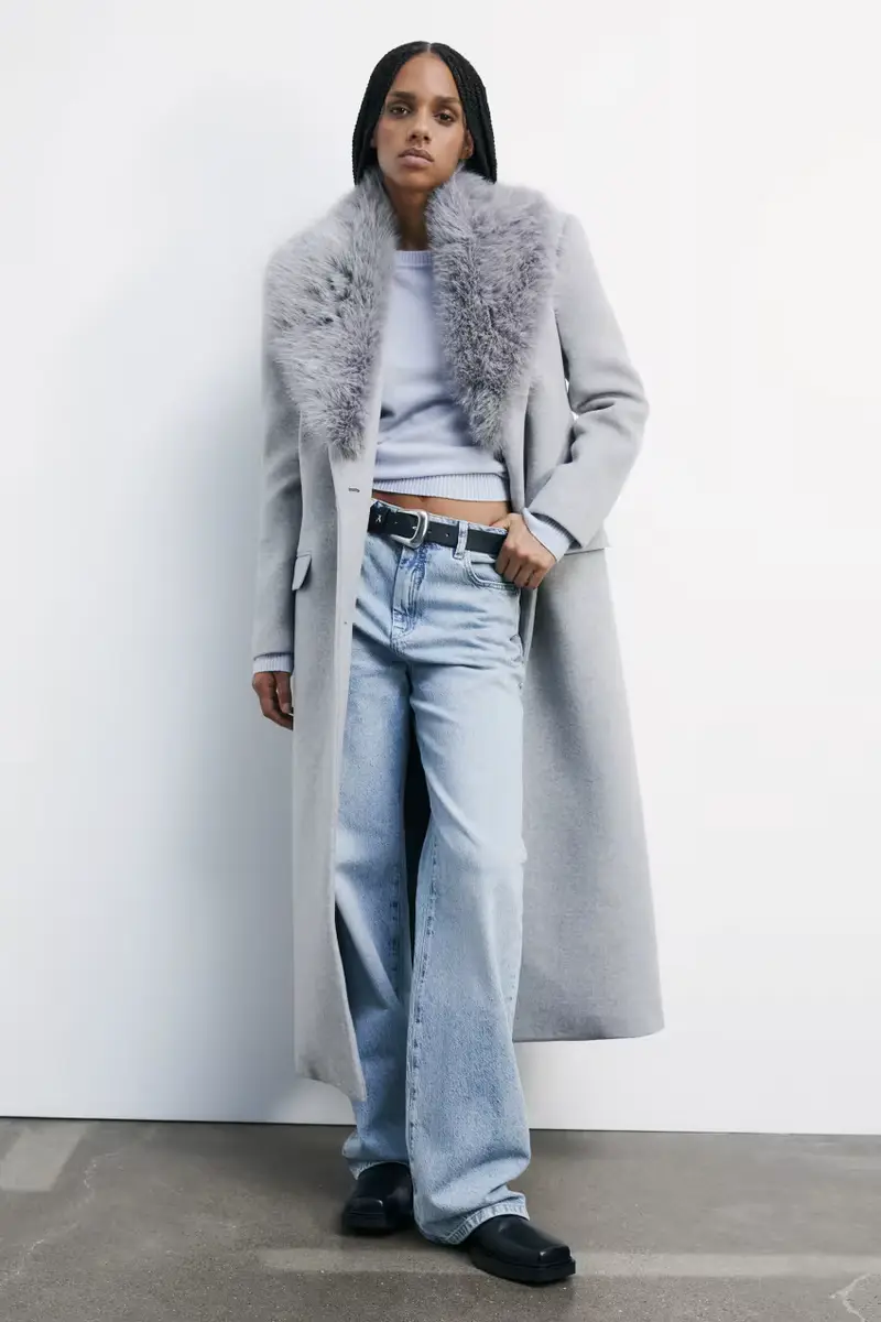 Cappotto lungo con collo fluffy Grigio