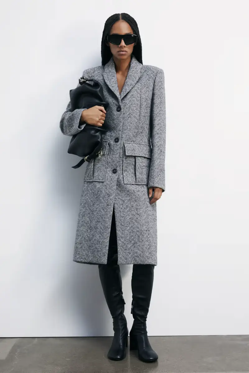 Cappotto midi Herringbone Grigio