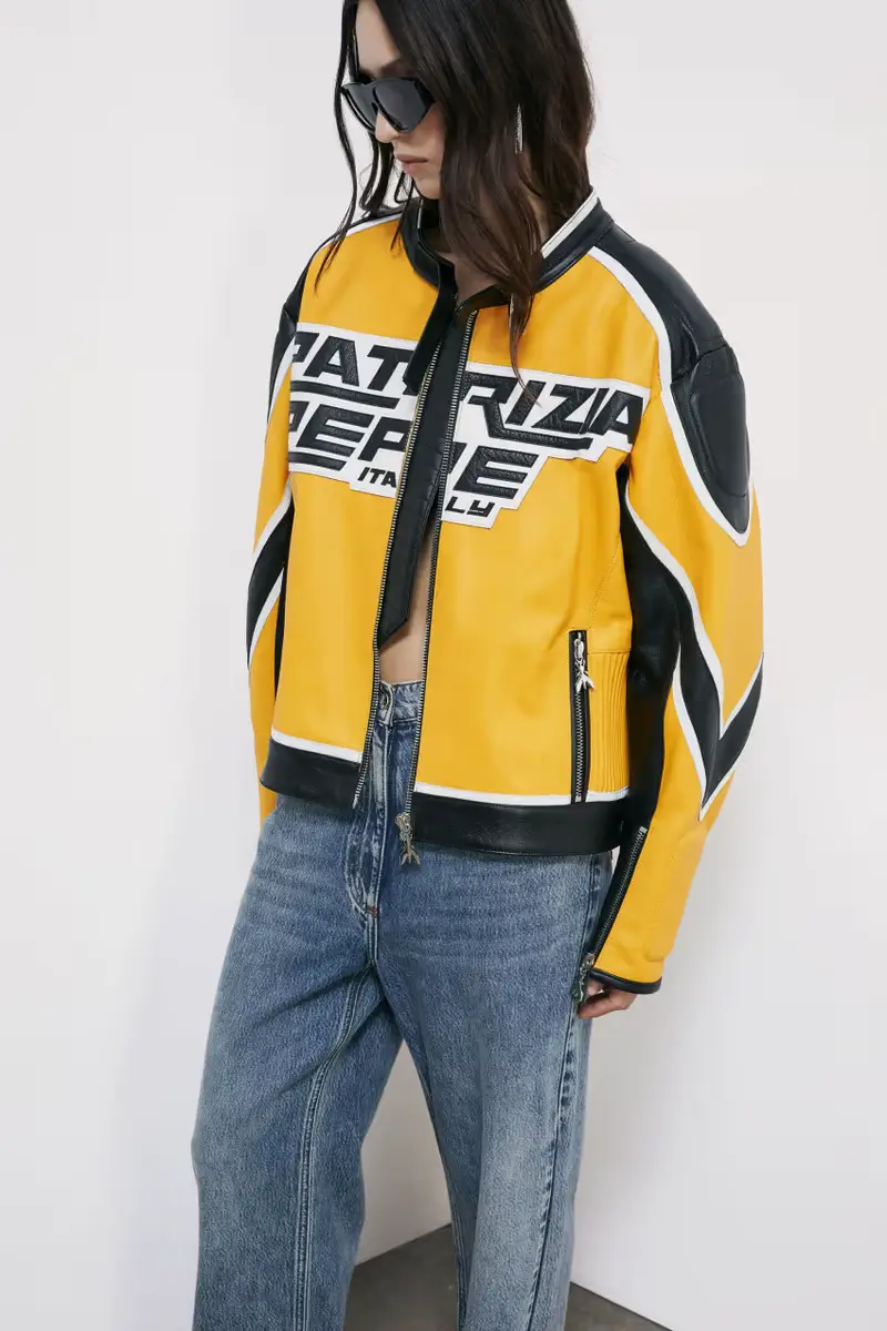 Giacca Biker Racing in pelle Giallo