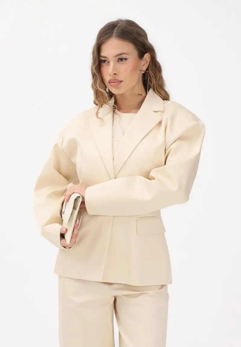 Giacca monopetto panna da donna con cintura miniatura 2