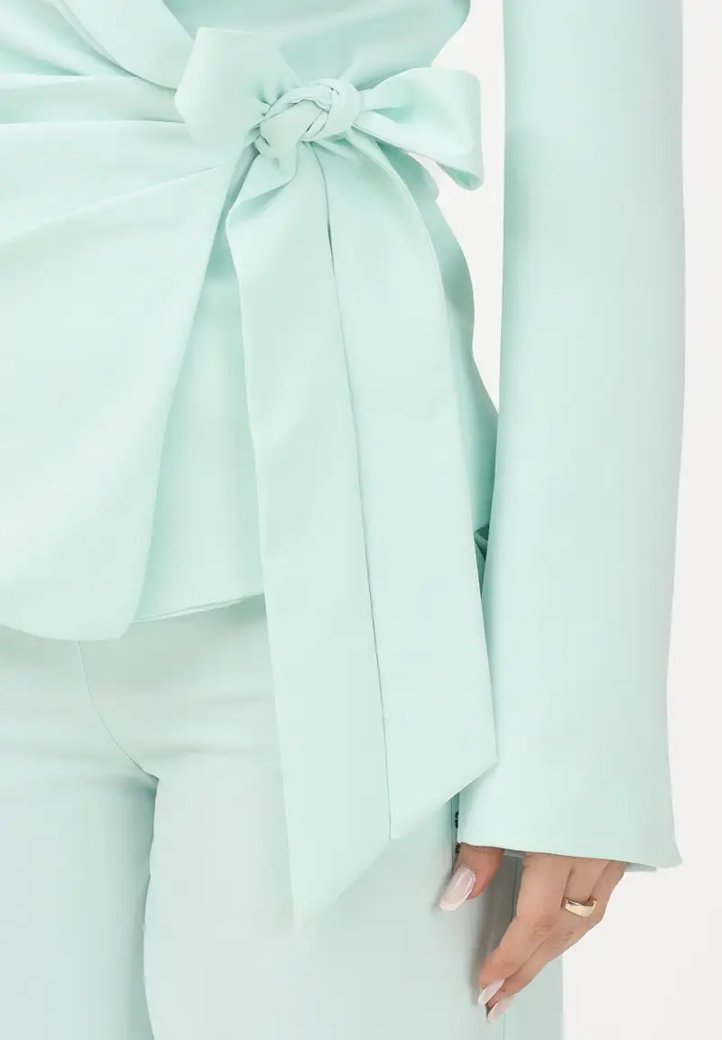 Giacca verde menta da donna con chiusura wrap e cintura miniatura 3