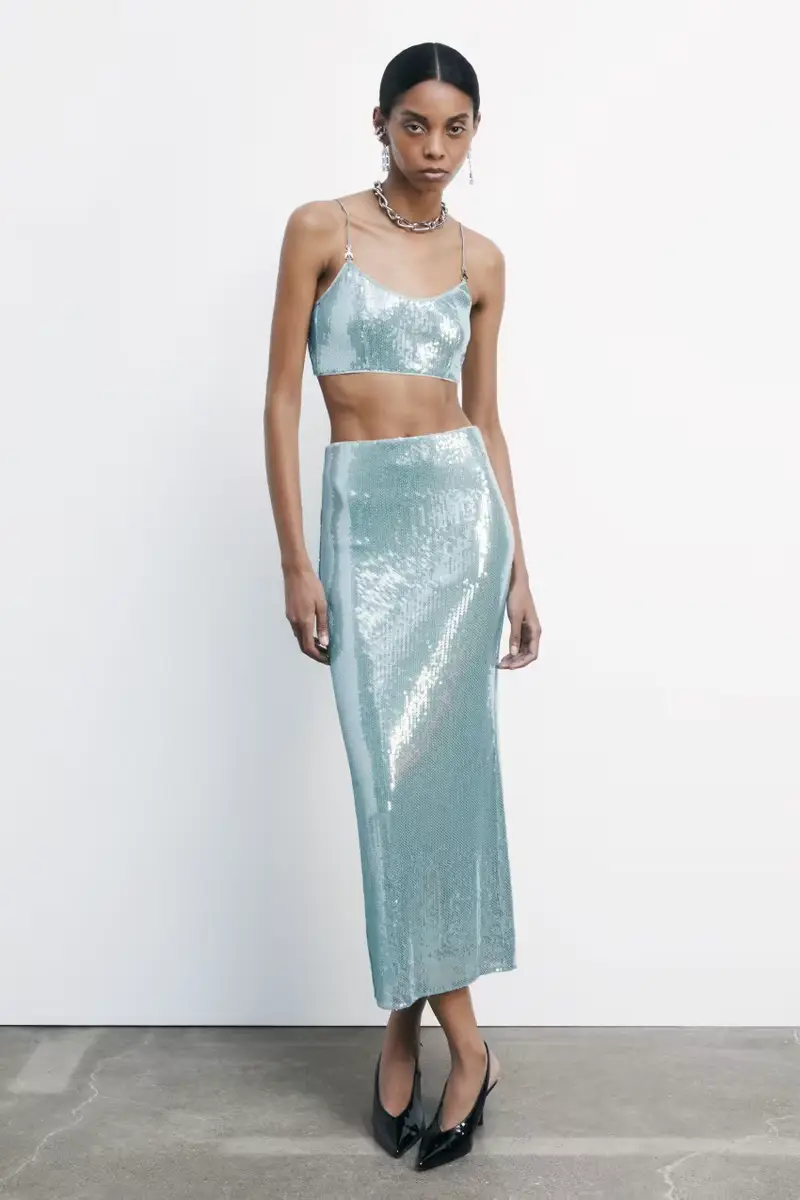 Gonna lunga con paillettes in tulle Azzurro