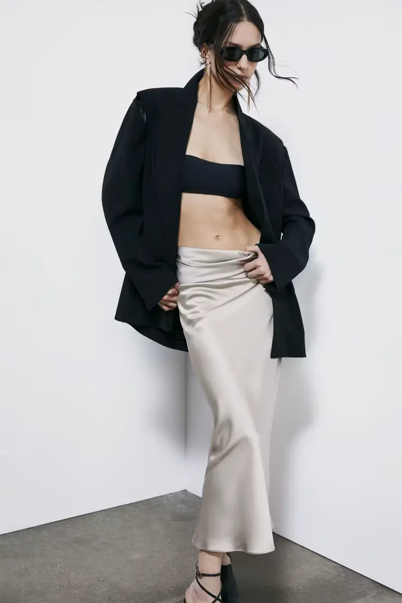 Gonna midi in raso con drappeggio Grigio