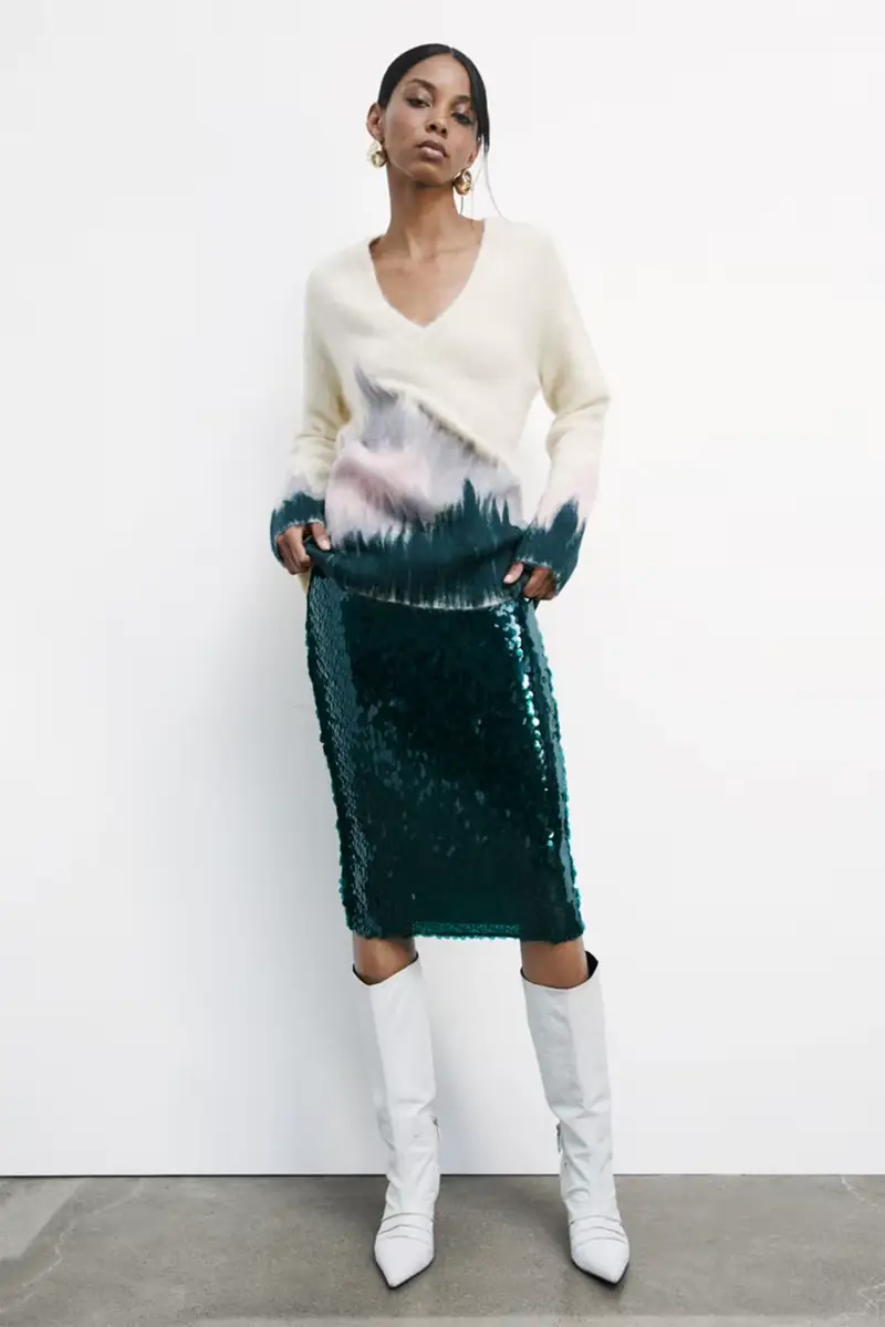 Gonna midi in tulle con paillettes Verde