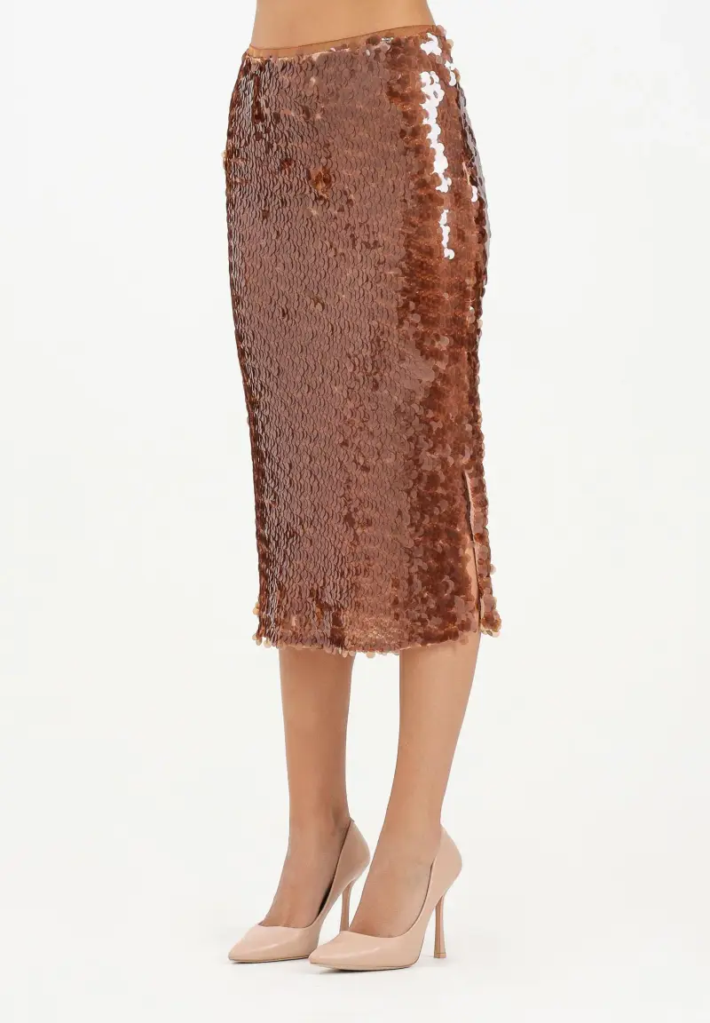 Gonna midi marrone da donna interamente ricamata con paillettes