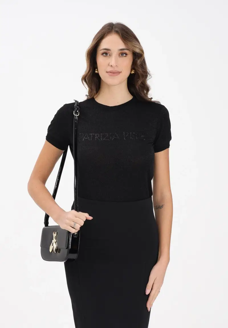 Maglia a manica corta nera da donna con logo strass miniatura 2
