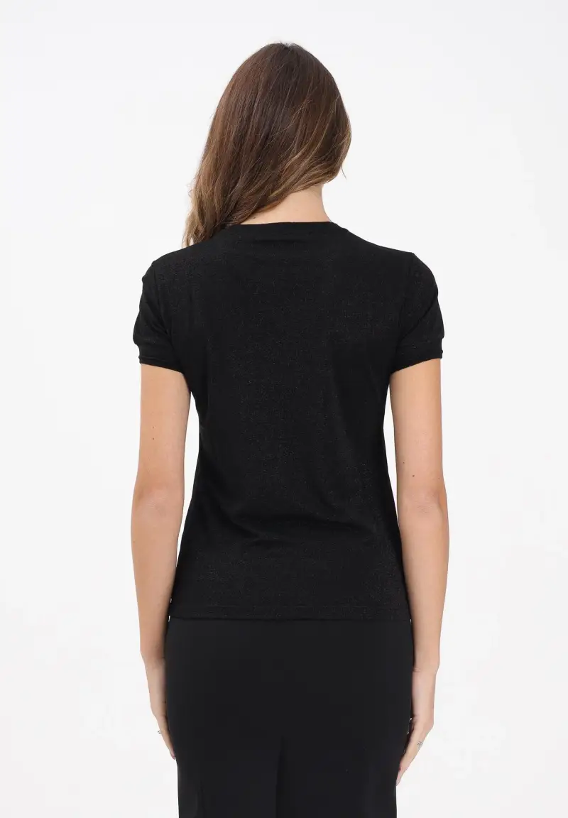 Maglia a manica corta nera da donna con logo strass miniatura 3