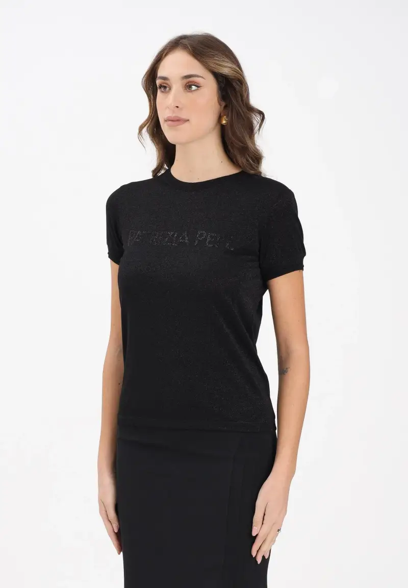 Maglia a manica corta nera da donna con logo strass