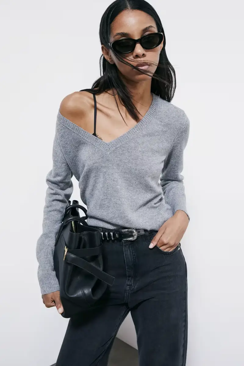 Maglia con scollo a "V" in Cashmere Grigio