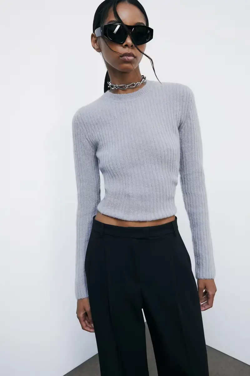 Maglia girocollo a costine Grigio