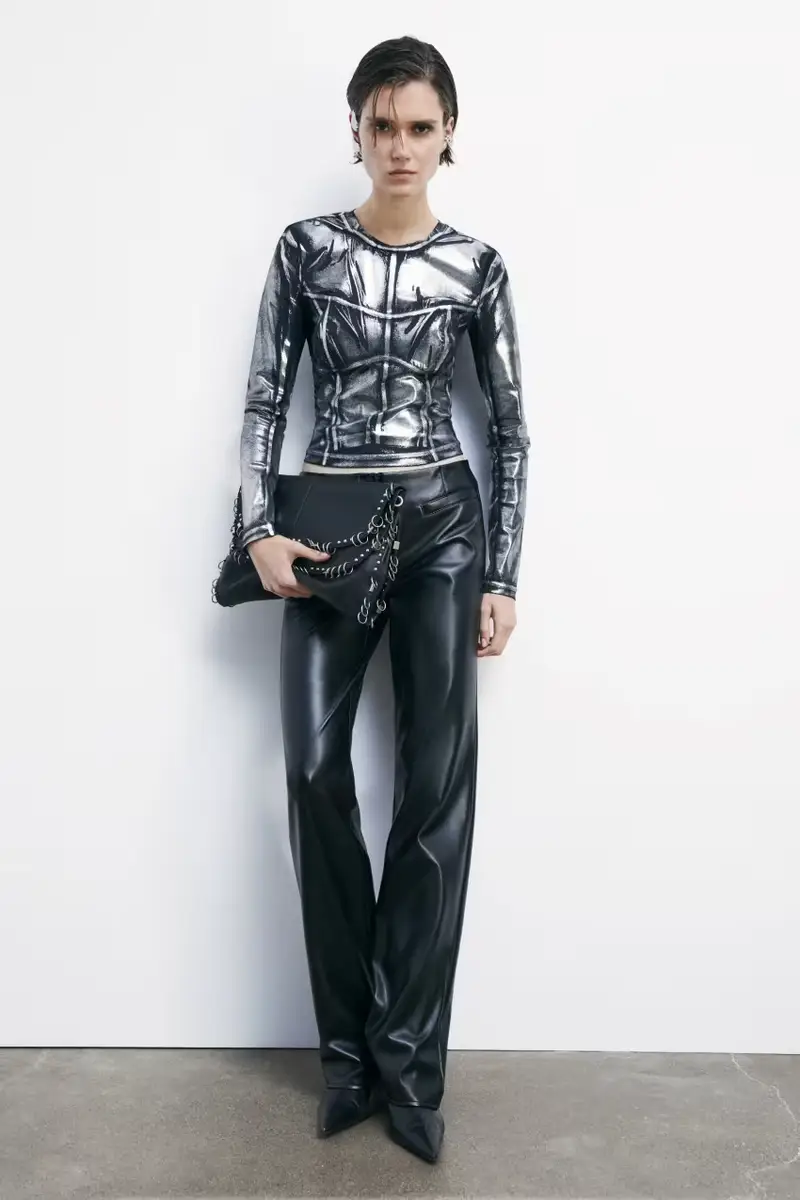 Maglietta cropped in jersey metallizzato