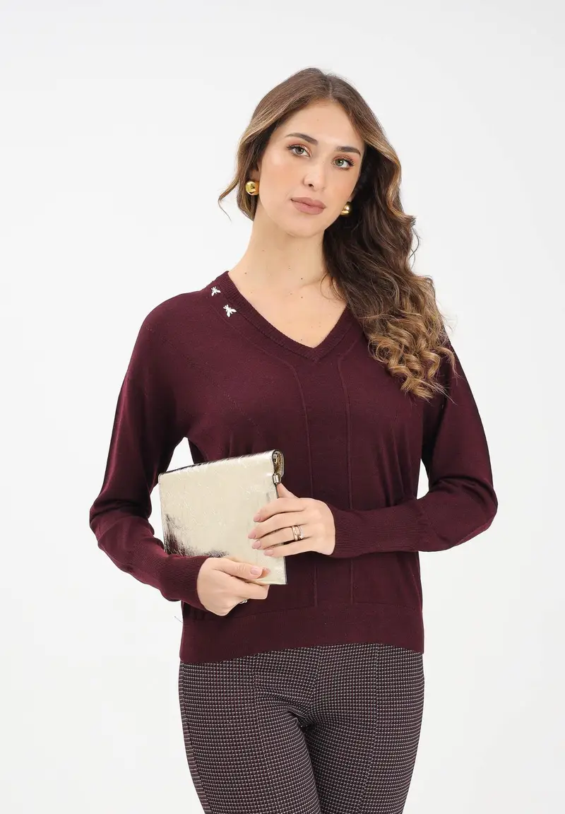 Maglioncino scollo a V bordeaux da donna con applicazioni FLY miniatura 2