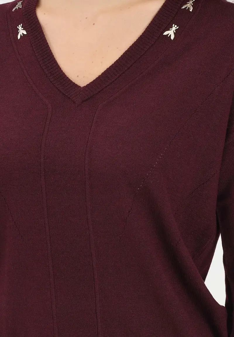 Maglioncino scollo a V bordeaux da donna con applicazioni FLY miniatura 3