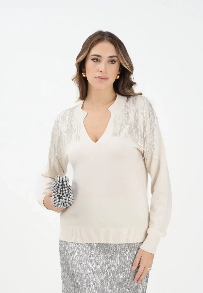 Maglioncino scollo a v panna da donna con strass sulle spalle miniatura 2
