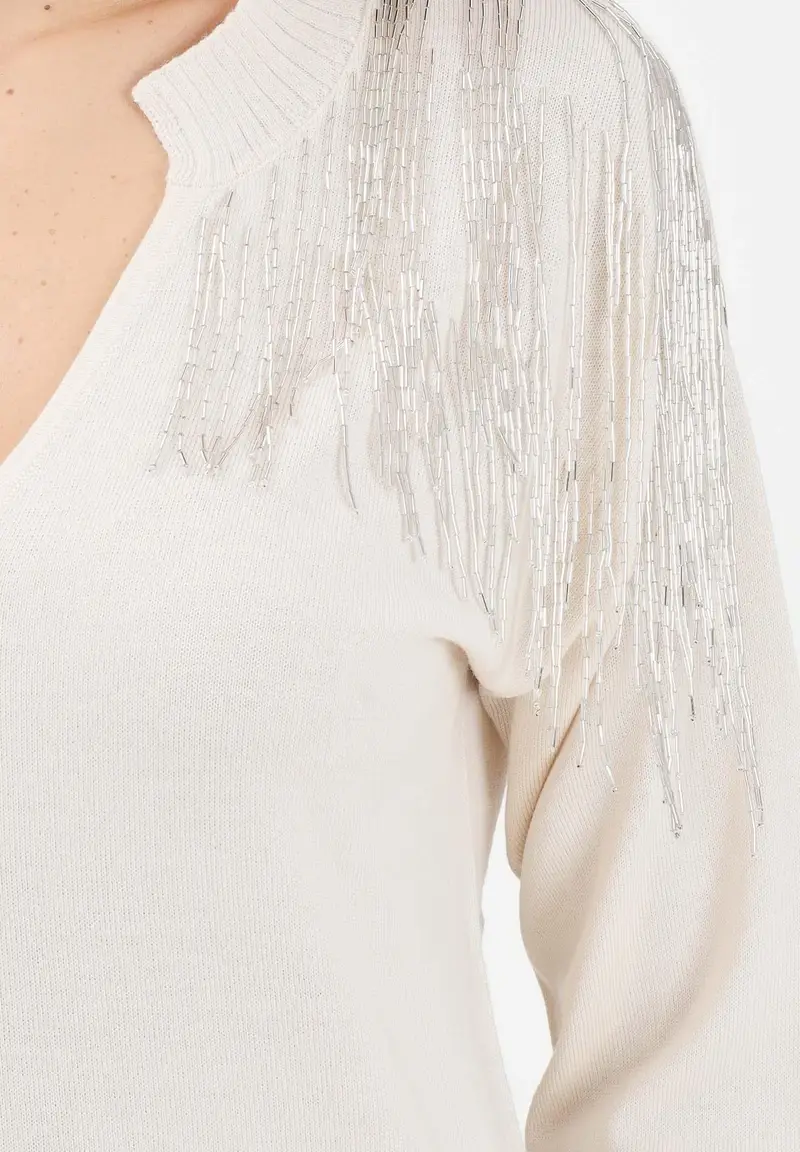 Maglioncino scollo a v panna da donna con strass sulle spalle miniatura 3