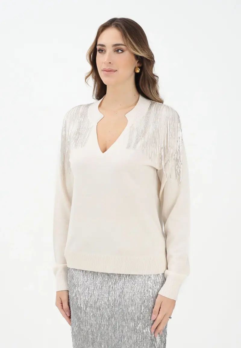 Maglioncino scollo a v panna da donna con strass sulle spalle