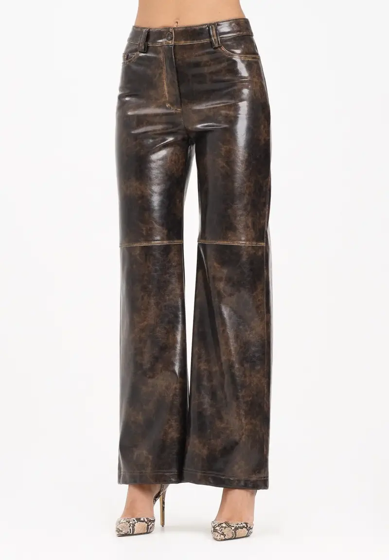 Pantalone in tessuto spalmato marrone da donna
