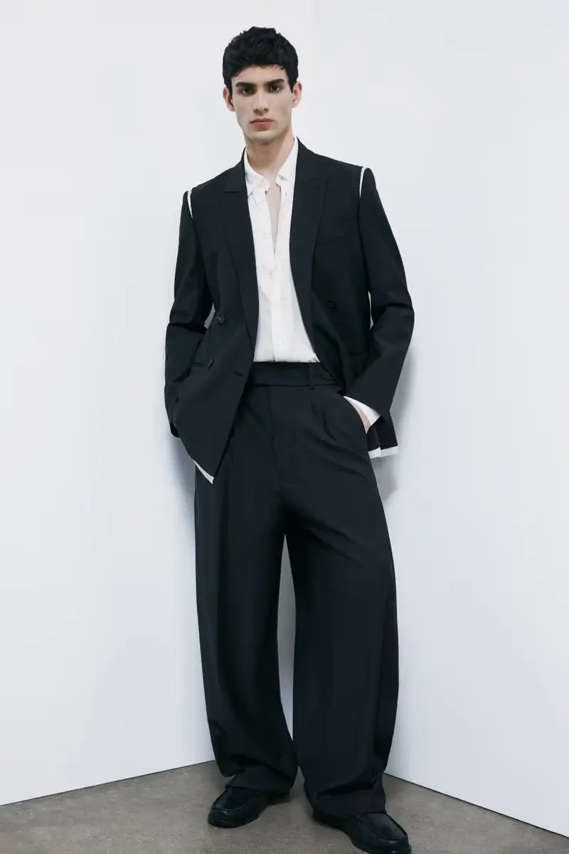 Pantaloni over con pinces in frescolana stretch Nero