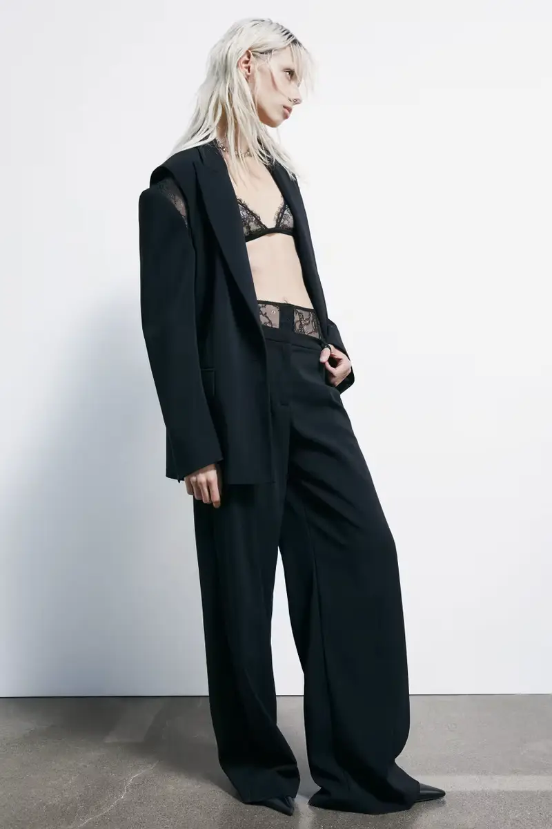 Pantaloni palazzo con vita in pizzo Nero