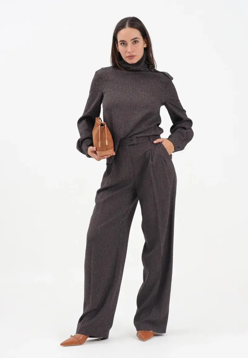 PATRIZA PEPE Pantalone palazzo marrone da donna in tessuto strutturato con effetto bottonato miniatura 2