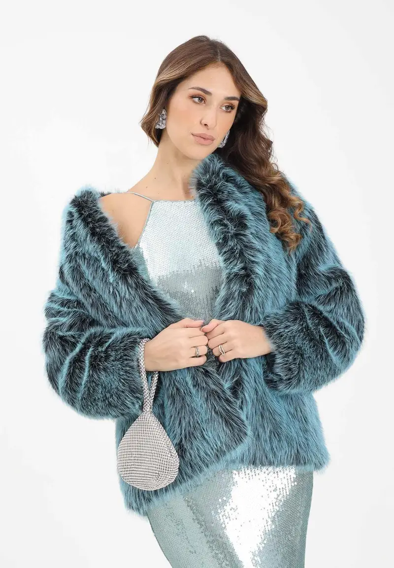 Pelliccia verde acqua da donna miniatura 2