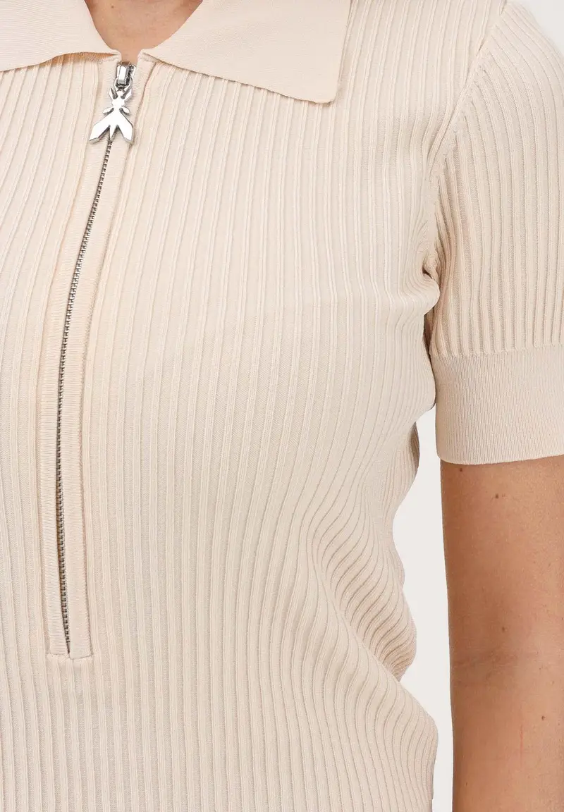 Polo in maglia panna da donna con zip miniatura 3