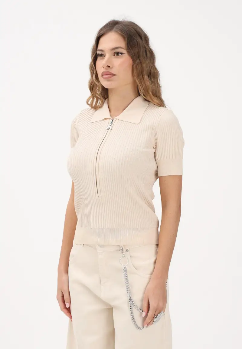 Polo in maglia panna da donna con zip