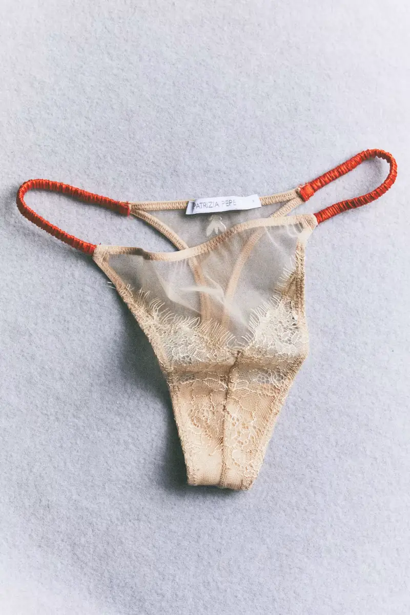 Tanga in tulle e pizzo Beige