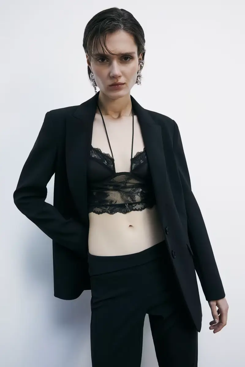 Top bustier in pizzo e tulle con spalline Nero