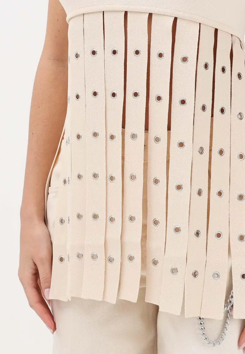 Top in maglia panna da donna con frange miniatura 3