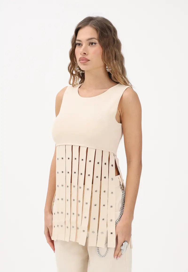 Top in maglia panna da donna con frange