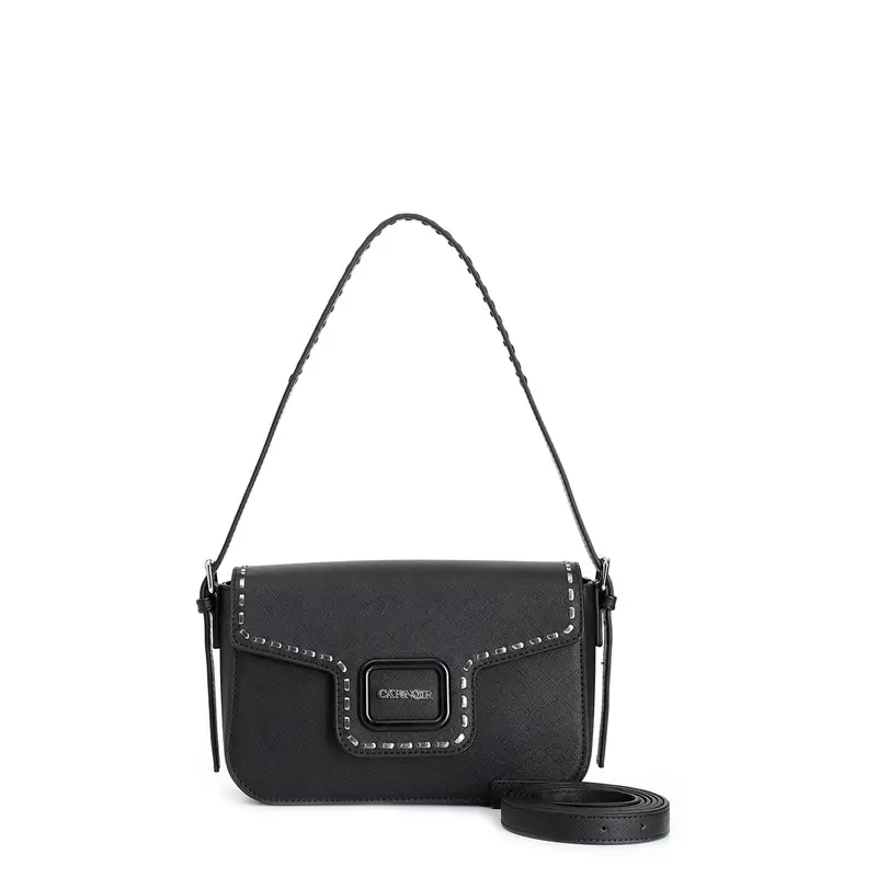 pattina in saffiano con accessorio smaltato e motivo di infilatura metallizzata nero