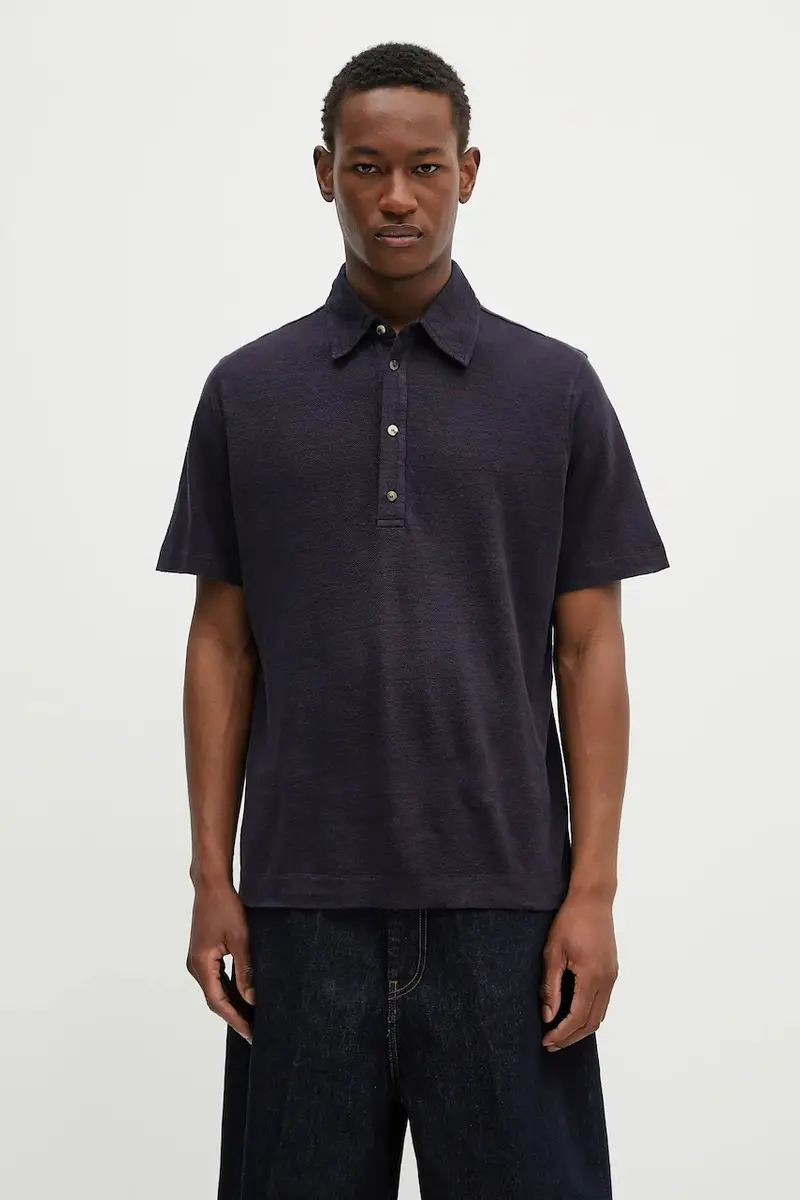 polo in lino colore blu navy M1R-446Z-P01764