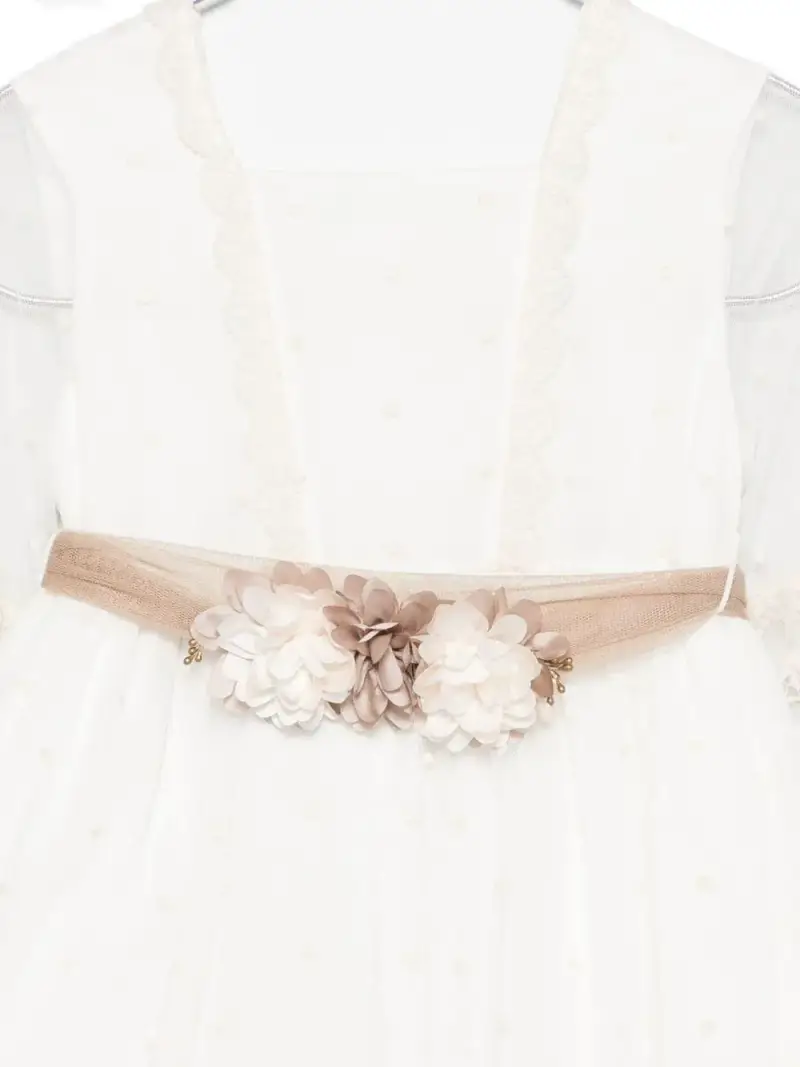 Abitino Cerimonia Bambina in Tulle Avorio con Cintura e Fiori  Elegante e Raffinato Crema miniatura 2