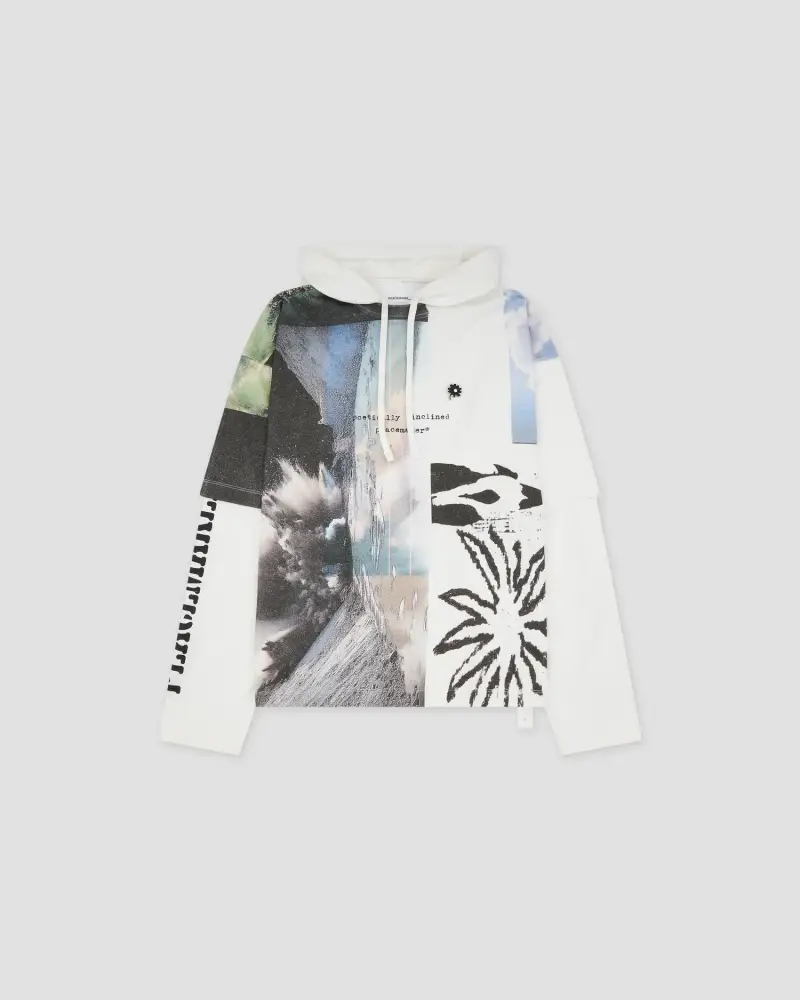 Long sleeve con cappuccio bianca e stampa collage