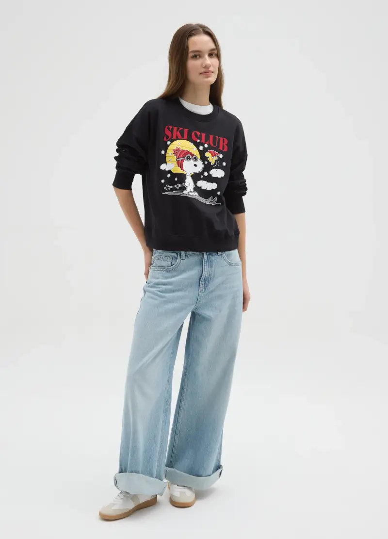 Felpa Girocollo Nera In Misto Cotone Regular Fit Con Stampa Peanuts, Donna, Nero