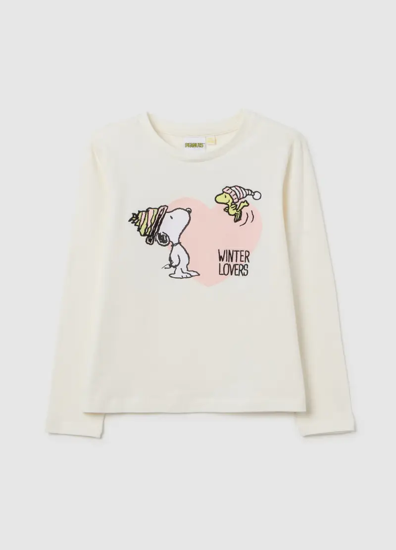 Maglia A Maniche Lunghe Bianca Da Bambina In Misto Cotone Con Stampa, Bianco